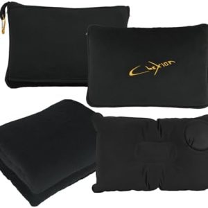 3 in 1 Travel Pillow and Blanket Set, Premium Soft 300 GSM Thick Airplane Blanket Compact with Bag for Long Trips Essentials, Hand Luggage Sleeve and Backpack Clip (Black)