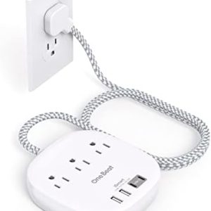 One Beat Flat Plug Power Strip, 5ft Flat Extension Cord, 3 Outlets 4 USB Ports (2 USB C) 22.5W/4.5A Desktop Charging Station Cruise Ship Power Strip No Surge Protection, Dorm Room Travel Essentials