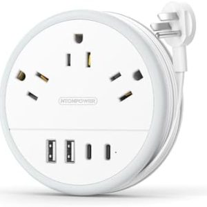 NTONPOWER Travel Power Strip, Travel Essentials, Travel Extension Cord with 3 Outlets 4 USB Ports(2 USB C), 4FT Wrapped Around Extension Cord for Travel Cruise Ship Beach Vacation Essentials White