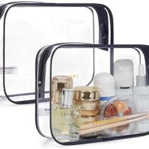 BAGSMART Clear Toiletry Bag, 2 Packs TSA Approved Water resistant Quart Size Travel Organizer, Airport Airline Travel Essential Carry On Makeup Cosmetic Bags for Women, Black