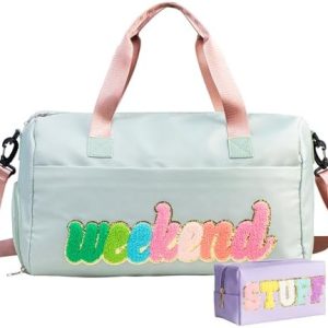 Weekender Bags for Women, Sleepover Overnight Bag with Shoe Compartment, Duffel Bag, Weekend Gym Bag, Hospital Personal Item, 2pcs Stuff Chenille Letter Preppy, Green, Pink