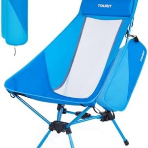 TOURIT Portable Folding Camping Backpack Chair with Head Support, High Back Stable Compact Outdoor Chair for Beach Picnic Travel Hiking, Supports 380 Lbs, Blue