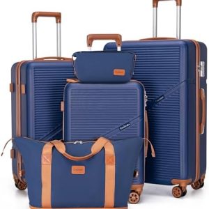 5 Piece Luggage Sets with Spinner Wheels, Hardshell ABS Suitcase Set with Tsa Lock, Lightweight Hardside Waterproof Travel Suitcases for Men Women, DarkBlue (20"/24"/28")