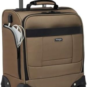 Wrangler 4-Wheel Spinner Luggage with Side USB Port, Mocha, 17-Inch Underseat Carry-On