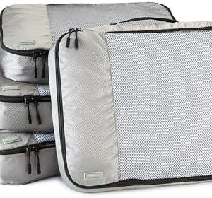 Amazon Basics 4 Piece Packing Cubes Travel Organizer Set with Double Zipper, Mesh Top, Large, Gray