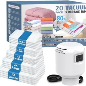 ZXA Vacuum Storage Bag with Electric Air Pump, 20 Pack (4 Jumbo, 4 Large, 4 Medium, 4 Small, 4 Roll Up Bags) Vacuum Seal Bags for Clothing, Pillows, Blanket, Duvets, Comforters, Travel