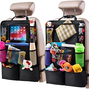 Backseat Car Organizer, Kick Mats Back Seat Protector with Touch Screen Tablet Holder, Back Seat Organizer for Kids, Travel Accessories with 9 Storage Pockets 2 Pack, Black