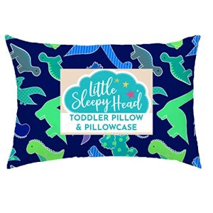 Little Sleepy Head Toddler Pillow with Pillowcase 13x18 - Kids Pillow for Sleeping - Better Neck Support Ergonomic Pillow and Toddler Pillowcase - Best Pillows for Kids (Dinosaurs Blue)
