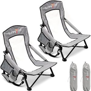 SUNNYFEEL Folding Low Camping Beach Chair 2 Pack, Lightweight Portable Lawn Chair with Mesh Back, Cup Holder for Outdoor/Travel/Picnic/Concert, Foldable Camp Backpack Chair with Carry Bag