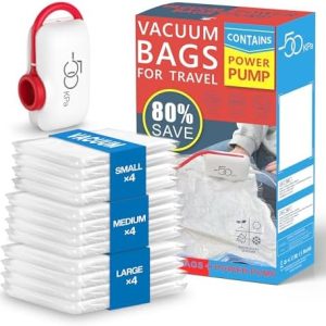 Vacuum Storage Bags for Travel, 12 Pack Vacuum Seal Bags for Clothing Travel, Vacuum Sealer Bags with High Pressure Electric Pump, Portable Space Saver Bags for Luggage Traveling