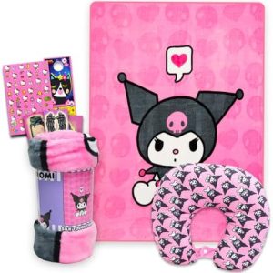 SANRIO Kuromi Neck Pillow and Blanket Set - Bundle Kuromi Travel Neck Pillow, Kuromi Fleece Blanket, Stickers, More | Kuromi Travel Accessories