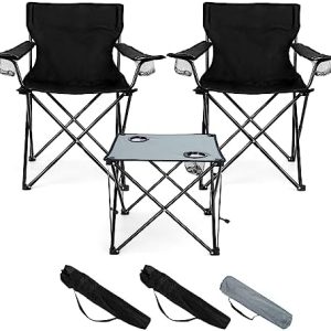 HaSteeL Folding Camping Chair Set of 3, Foldable Black Camp Chairs & Grey Table, Large Lawn Chair Portable for Adults Hiking, Fishing, Picnic, Outdoor BBQ, Travel, Sports, Cup Holders & Storage Bags